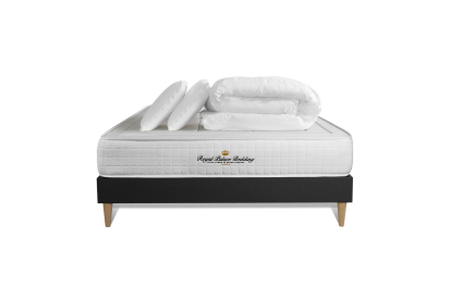 Pack lit complet 140x200 cm - Matelas + Sommier Noir (en kit) + 2 oreillers + Couette - Balmoral