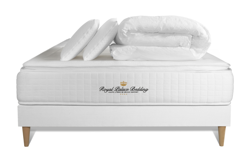 Pack lit complet 200x200 cm - Matelas + Sommier Blanc (en kit) + 2 oreillers + Couette - George V