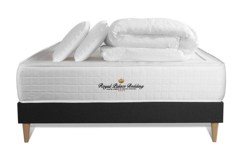 Pack lit complet 160x200 cm - Matelas + Sommier Noir (en kit) + 2 oreillers + Couette - Windsor