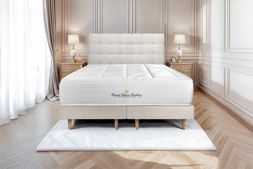 Lit 180x200 avec Sommier et Matelas - 2 Sommiers Beige Clair + Tête de lit Capitonnée - Windsor