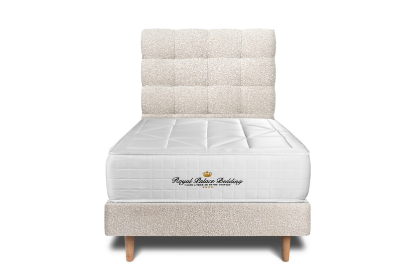 Lit 90x200 avec Sommier et Matelas - Sommier Beige Clair + Tête de lit Capitonnée - Windsor