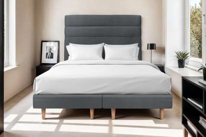 Lit 2x 80x200 cm - Sommier tapissier H29 cm + tête de lit à lignes - Tissu Velours Gris Anthracite