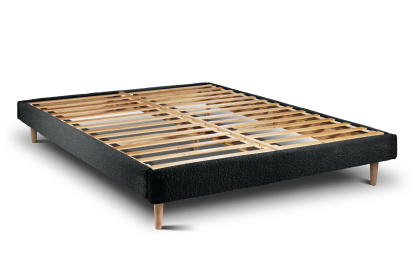 Lit 200x200 cm - Sommier à lattes H29 cm + tête de lit tapissée - Tissu Bouclette Noir