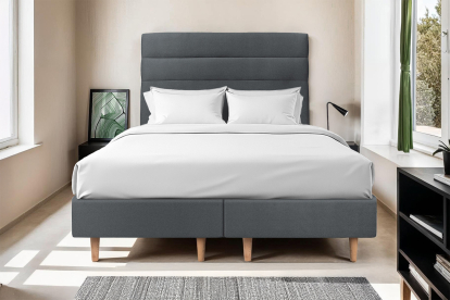 Lit 2x 90x200 cm - Sommier tapissier H35 cm + tête de lit à lignes - Tissu Velours Gris Anthracite