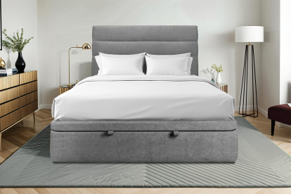 Lit coffre 200x200 cm avec Tête de lit à lignes - Tissu Toile natté Gris Anthracite