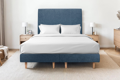 Lit 2x 100x200 cm - Sommier tapissier H29 cm + tête de lit tapissée - Tissu Toile natté Bleu Océan