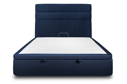 Lit coffre 200x200 cm avec Tête de lit à lignes - Tissu Velours Bleu Océan