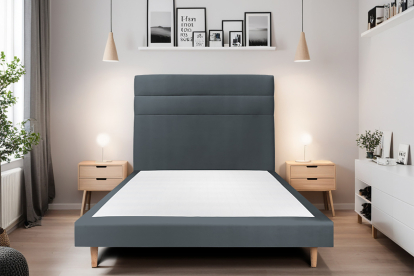 Lit 160x200 cm - Sommier tapissier H29 cm + tête de lit à lignes - Tissu Velours Gris Anthracite