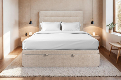Lit coffre 160x200 cm avec Tête de lit capitonnée - Tissu Toile natté Beige Brun