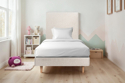 Lit 90x190 cm - Sommier tapissier H29 cm + tête de lit tapissée - Tissu Bouclette Beige Clair