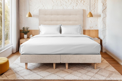 Lit 2x 90x200 cm - Sommier tapissier H29 cm + tête de lit capitonnée - Tissu Toile natté Beige Brun