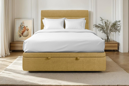 Lit coffre 200x200 cm avec Tête de lit à lignes - Tissu Toile natté Jaune