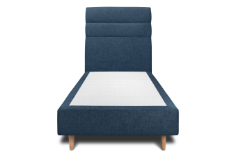 Lit 90x200 cm - Sommier tapissier H35 cm + tête de lit à lignes - Tissu Toile natté Bleu Océan
