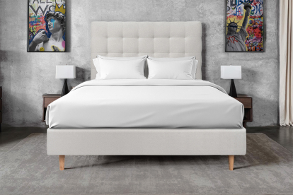 Lit 140x190 cm - Sommier tapissier H35 cm + tête de lit capitonnée - Tissu Velours Gris Clair