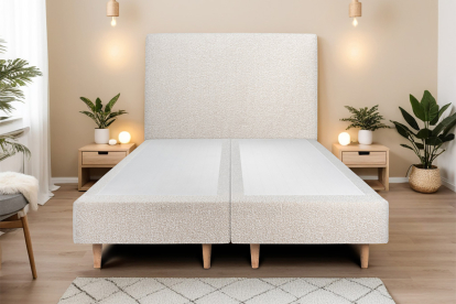 Lit 2x 80x200 cm - Sommier tapissier H35 cm + tête de lit tapissée - Tissu Bouclette Beige Clair