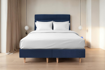 Lit 2x 90x200 cm - Sommier tapissier H35 cm + tête de lit à lignes - Tissu Velours Bleu Océan