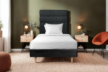 Lit 90x190 cm - Sommier tapissier H29 cm + tête de lit à lignes - Tissu Bouclette Noir