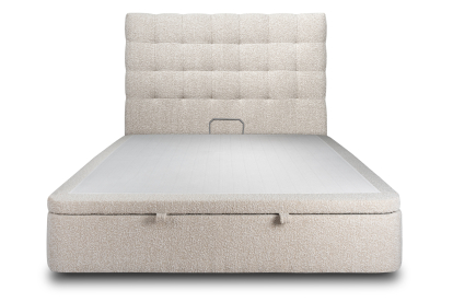 Lit coffre 200x200 cm avec Tête de lit capitonnée - Tissu Bouclette Beige Clair