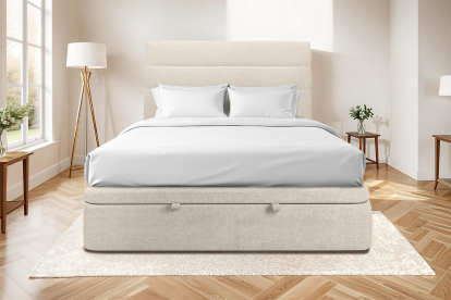 Lit coffre 140x200 cm avec Tête de lit à lignes - Tissu Toile natté Beige Clair
