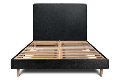 Lit 140x200 cm - Sommier à lattes H29 cm + tête de lit tapissée - Tissu Bouclette Noir