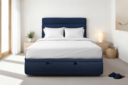 Lit coffre 200x200 cm avec Tête de lit à lignes - Tissu Velours Bleu Océan