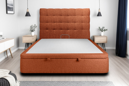 Lit coffre 140x200 cm avec Tête de lit capitonnée - Tissu Bouclette Terracotta