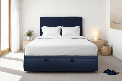 Lit coffre 180x200 cm avec Tête de lit tapissée - Tissu Velours Bleu Océan