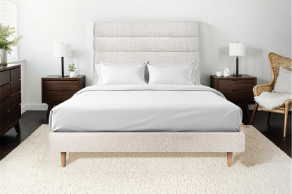 Lit 140x200 cm - Sommier tapissier H29 cm + tête de lit à lignes - Tissu Bouclette Beige Clair