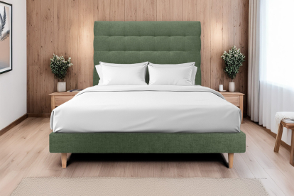 Lit 140x200 cm - Sommier tapissier H29 cm + tête de lit capitonnée - Tissu Toile natté Vert Kaki
