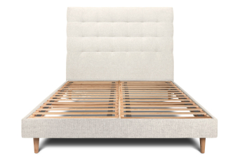 Lit 140x200 cm - Sommier à lattes H29 cm + tête de lit capitonnée - Tissu Toile natté Beige Clair