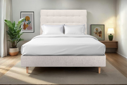 Lit 160x200 cm - Sommier tapissier H35 cm + tête de lit capitonnée - Tissu Toile natté Beige Clair