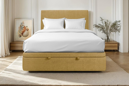 Lit coffre 140x200 cm avec Tête de lit tapissée - Tissu Toile natté Jaune