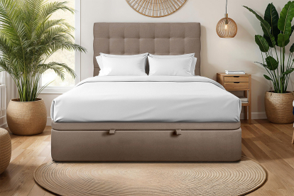 Lit coffre 140x200 cm avec Tête de lit capitonnée - Tissu Velours Taupe