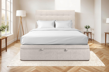 Lit coffre 140x200 cm avec Tête de lit capitonnée - Tissu Toile natté Beige Clair
