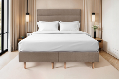 Lit 2x 90x200 cm - Sommier tapissier H35 cm + tête de lit à lignes - Tissu Velours Taupe