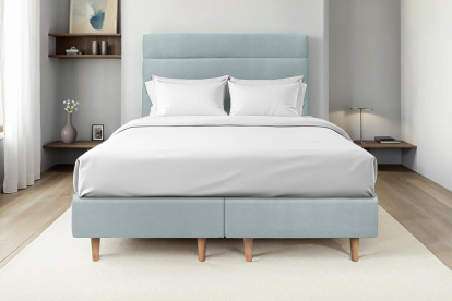 Lit 2x 100x200 cm - Sommier tapissier H35 cm + tête de lit à lignes - Tissu Velours Gris Bleuté
