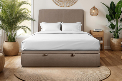 Lit coffre 140x200 cm avec Tête de lit tapissée - Tissu Velours Taupe