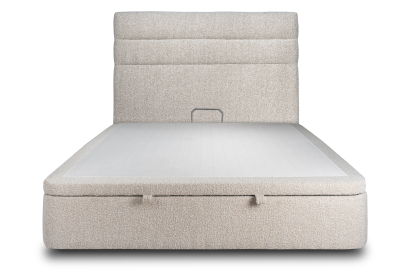 Lit coffre 160x200 cm avec Tête de lit à lignes - Tissu Bouclette Beige Clair