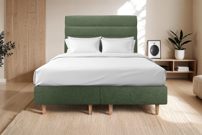 Lit 2x 80x200 cm - Sommier tapissier H35 cm + tête de lit à lignes - Tissu Toile natté Vert Kaki