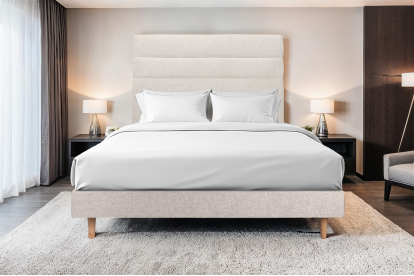 Lit 140x200 cm - Sommier tapissier H29 cm + tête de lit à lignes - Tissu Toile natté Beige Clair