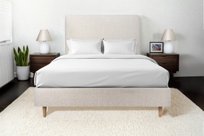 Lit 140x200 cm - Sommier tapissier H35 cm + tête de lit tapissée - Tissu Bouclette Beige Clair