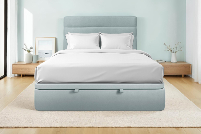 Lit coffre 140x190 cm avec Tête de lit à lignes - Tissu Velours Gris Bleuté