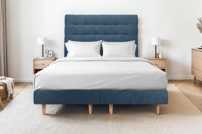 Lit 2x 100x200 cm - Sommier tapissier H29 cm + tête de lit capitonnée - Tissu Toile natté Bleu Océan