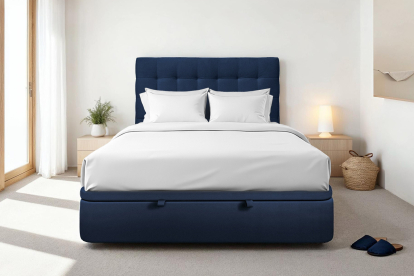 Lit coffre 180x200 cm avec Tête de lit capitonnée - Tissu Velours Bleu Océan