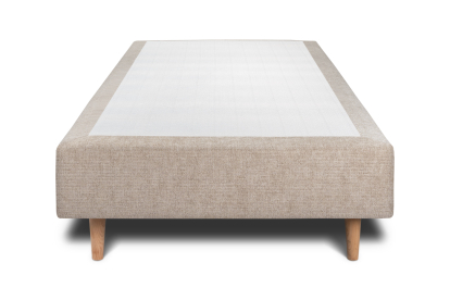 Lit 90x190 cm - Sommier tapissier H35 cm + tête de lit à lignes - Tissu Toile natté Beige Brun