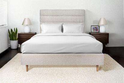 Lit 140x190 cm - Sommier tapissier H35 cm + tête de lit à lignes - Tissu Bouclette Beige Clair