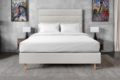 Lit 160x200 cm - Sommier tapissier H35 cm + tête de lit à lignes - Tissu Velours Gris Clair