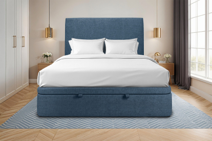 Lit coffre 140x190 cm avec Tête de lit tapissée - Tissu Toile natté Bleu Océan