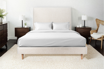 Lit 140x190 cm - Sommier tapissier H29 cm + tête de lit tapissée - Tissu Bouclette Beige Clair