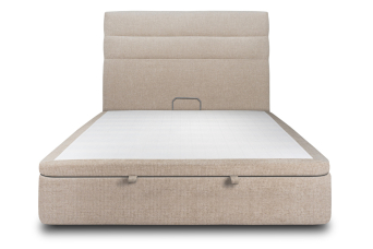 Lit coffre 160x200 cm avec Tête de lit à lignes - Tissu Toile natté Beige Brun